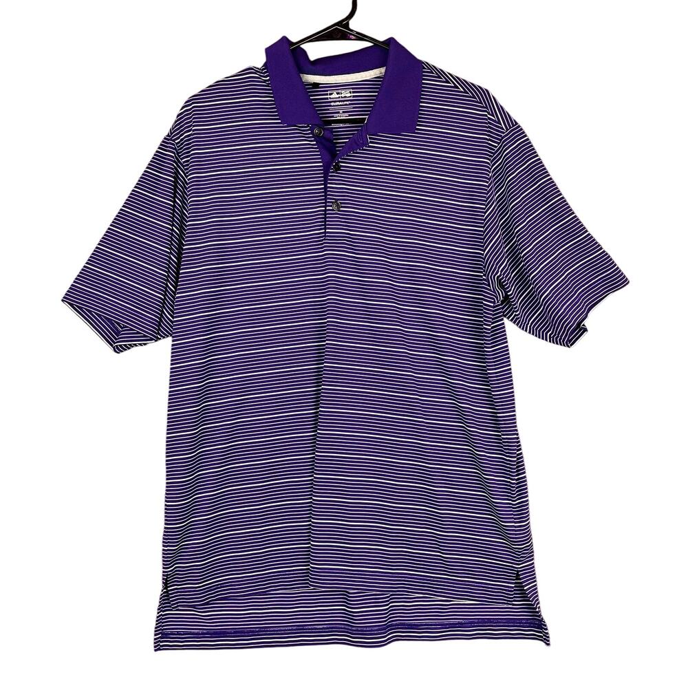 Adidas ClimaLite Mens Polo Purple White Stripe Short Sleeve Polyester Medium